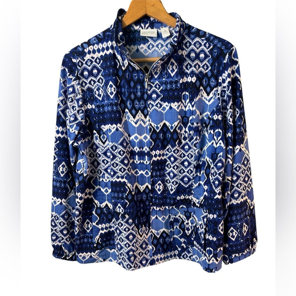 Zenergy by Chicos abstract print jacket blue white pattern size 2 large Artsy